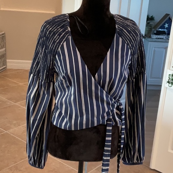 TJD wrap top, smocked shoulders, blue/gray stripe, size XS - Picture 1 of 8